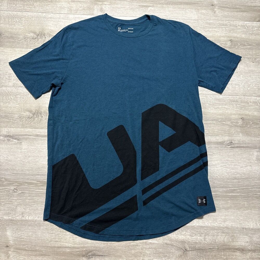 Under Armour HeatGear T-Shirt Mens Large Blue Graphic Logo Loose Fit Tee